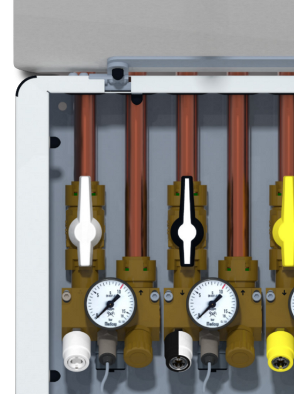 Vannes ergonomiques isolées dan le coffret de sectionnement de zone pour gaz médicaux et vide médical de Medicop, installé et maintenu par Air Liquide