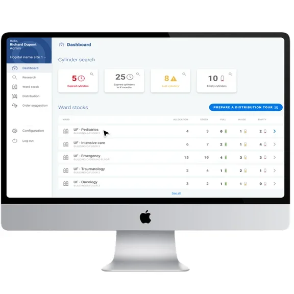 Oyan smart de Air Liquide Medical Benelux - la bouteille d'oxygène médical avec une interface numérique et une connexion sans fil via Bluetooth à une application.