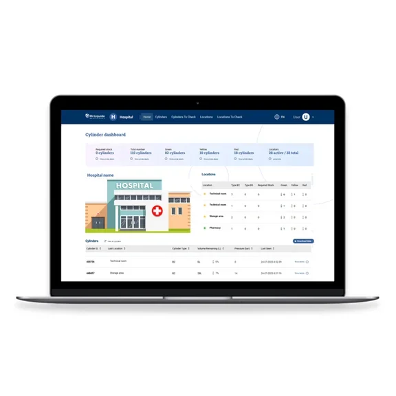 TAKEO Connect Air Liquide Medical Benelux en coopération avec Blyott. Suivi de bouteilles d'oxygène médical dans l'hôpital.