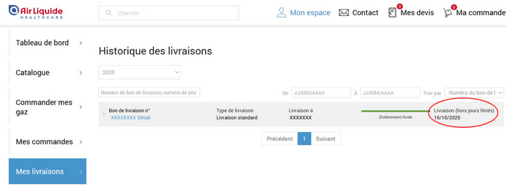 Air Liquide Healthcare Benelux compte client : Comment connaitre la date de livraison de ma commande.