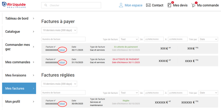 Air Liquide Healthcare Benelux : duplicat de facture via le portail client