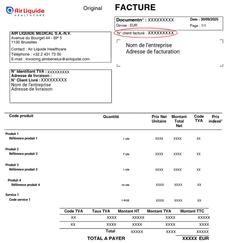 Air Liquide Healthcare Benelux : identifiant de facturation