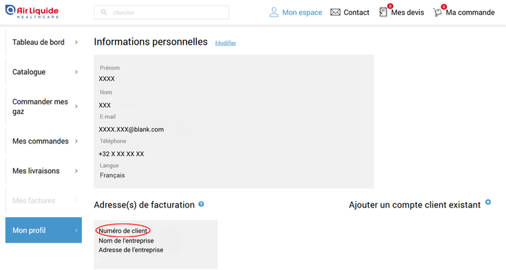 Air Liquide Healthcare Benelux compte client : numéro client