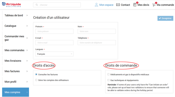 Air Liquide Healthcare Benelux compte client : gestion des rôles utilisateurs