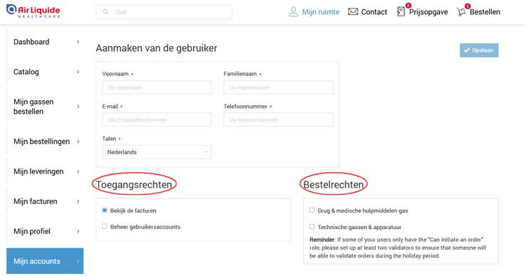 Air Liquide Healthcare Benelux klantaccount: profielen van gebruikers