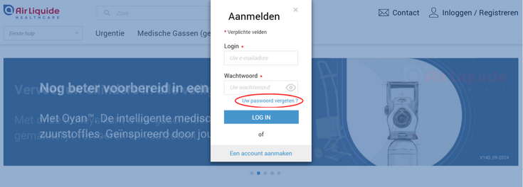 Air Liquide Healthcare Benelux klantaccount: wachtwoorden opnieuw instellen