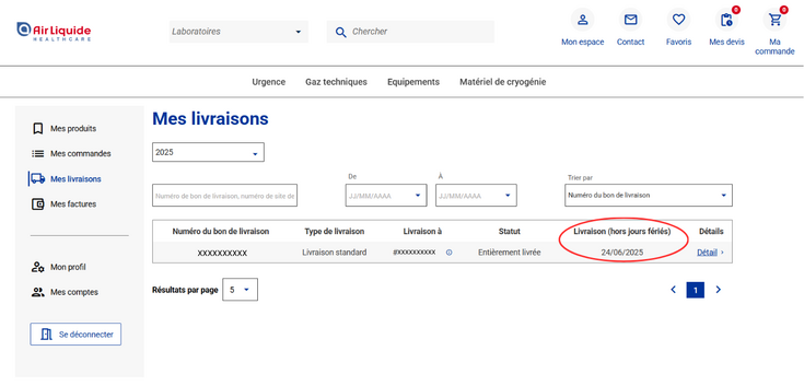 Air Liquide Healthcare Benelux compte client : Comment connaitre la date de livraison de ma commande.