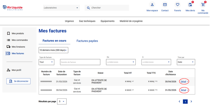 Air Liquide Healthcare Benelux : duplicat de facture via le portail client