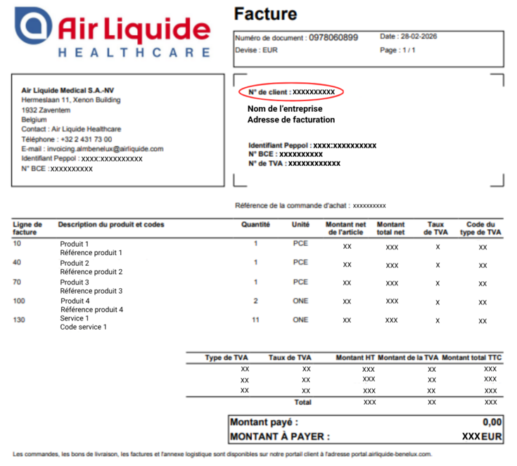 Air Liquide Healthcare Benelux : identifiant de facturation