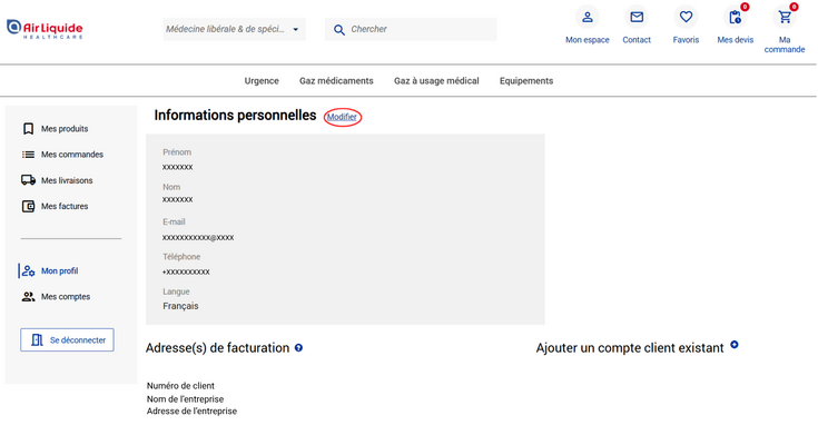 Air Liquide Healthcare Benelux compte client modification des informations de contact