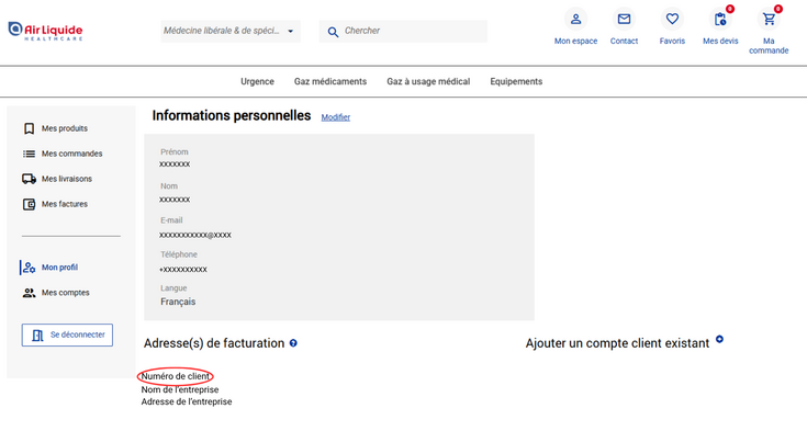 Air Liquide Healthcare Benelux compte client : numéro client