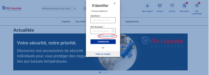 Air Liquide Healthcare Benelux compte client reinitialiser mon mot de passe