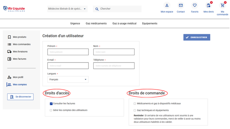 Air Liquide Healthcare Benelux compte client : gestion des rôles utilisateurs