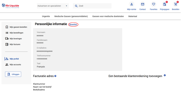 Air Liquide Healthcare Benelux klantaccount contactgegevens wijzigen