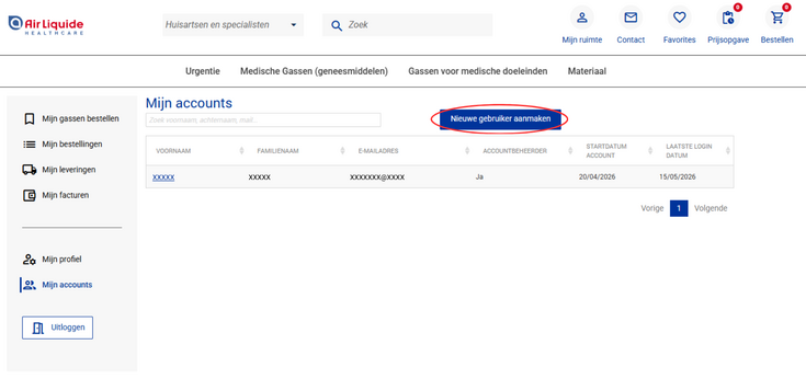 Air Liquide Healthcare Benelux klantaccount: nieuwe medewerkers toevoegen
