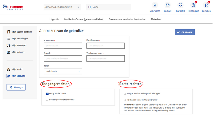 Air Liquide Healthcare Benelux klantaccount: profielen van gebruikers