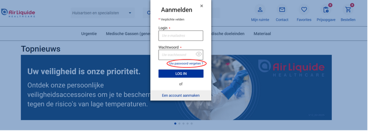Air Liquide Healthcare Benelux klantaccount: wachtwoorden opnieuw instellen